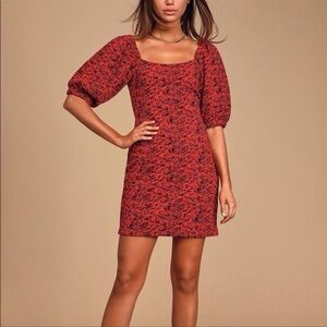 Free People Red Printed Puff Sleeve Sunset Mini Dress | Size XS
